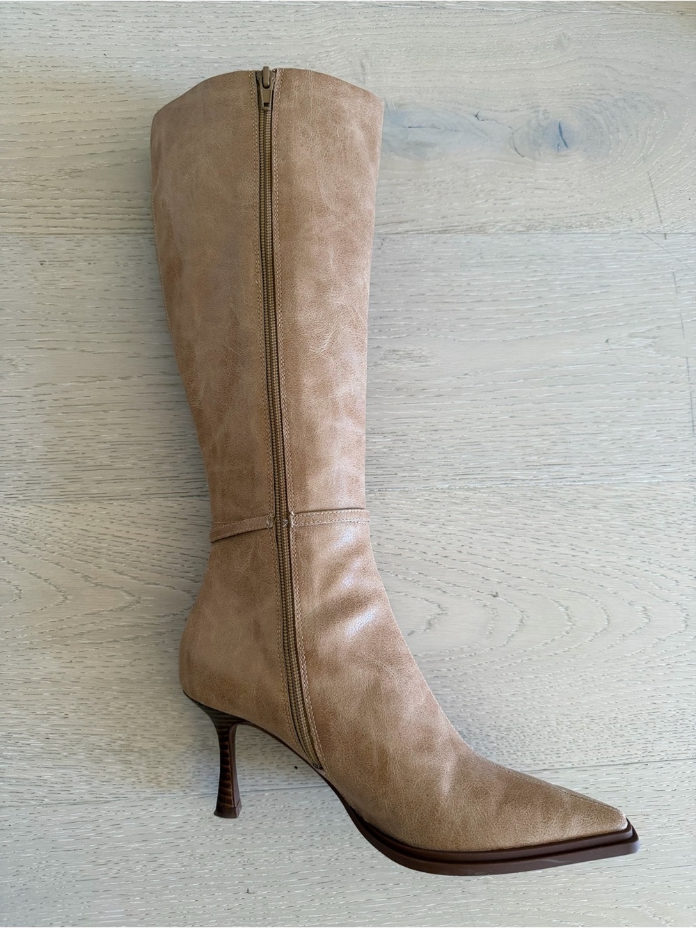Zara Camel Tan Knee-High Pointed-Toe Heeled Boots - Picture 10 of 14